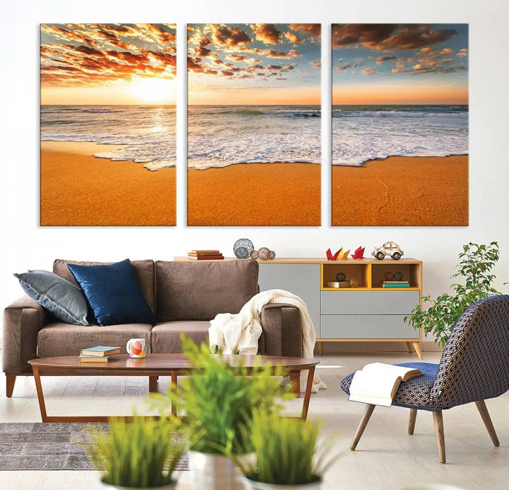 Golden Beach Sunset Canvas Art, Ocean Waves Wall Art, Giclee Canvas Print with Gallery Wrap for Coastal Home Decor