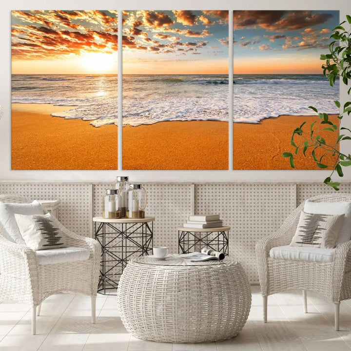 Golden Beach Sunset Canvas Art, Ocean Waves Wall Art, Giclee Canvas Print with Gallery Wrap for Coastal Home Decor