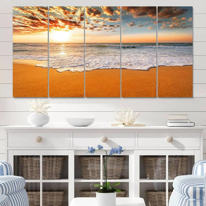 Golden Beach Sunset Canvas Art, Ocean Waves Wall Art, Giclee Canvas Print with Gallery Wrap for Coastal Home Decor