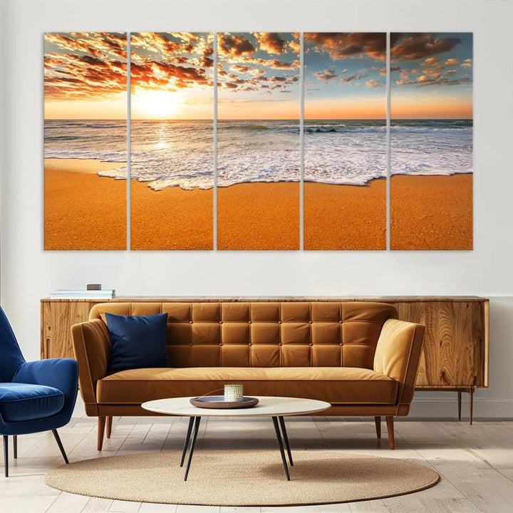 Golden Beach Sunset Canvas Art, Ocean Waves Wall Art, Giclee Canvas Print with Gallery Wrap for Coastal Home Decor