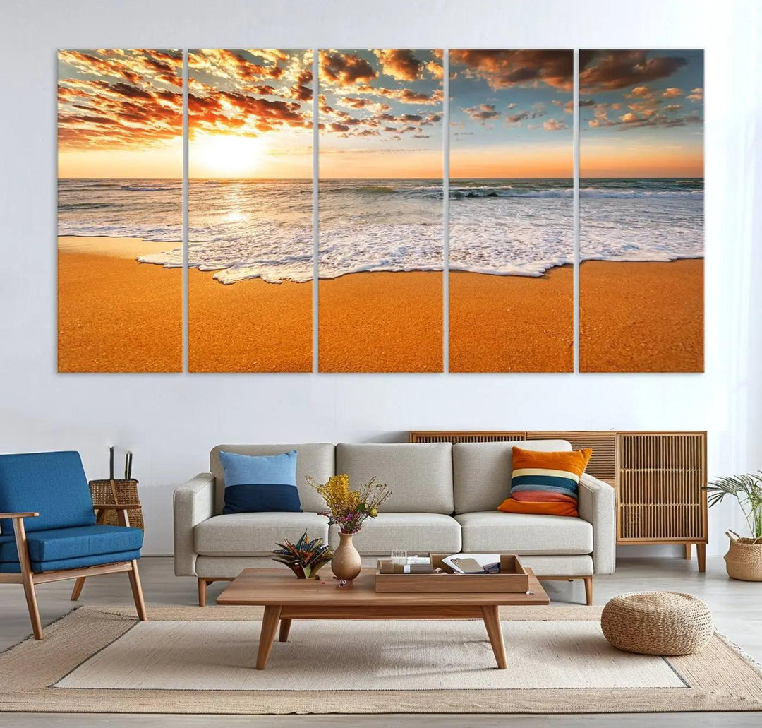 A Golden Beach Sunset Canvas Art, featuring an orange sky and fluffy clouds, perfectly captures the essence of ocean waves in coastal home decor.