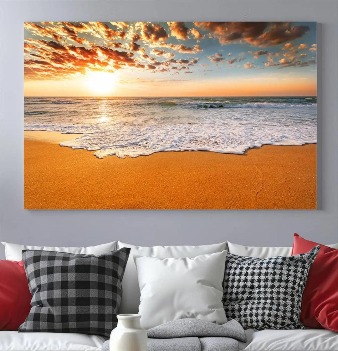 Golden Beach Sunset Canvas Art, Ocean Waves Wall Art, Giclee Canvas Print with Gallery Wrap for Coastal Home Decor