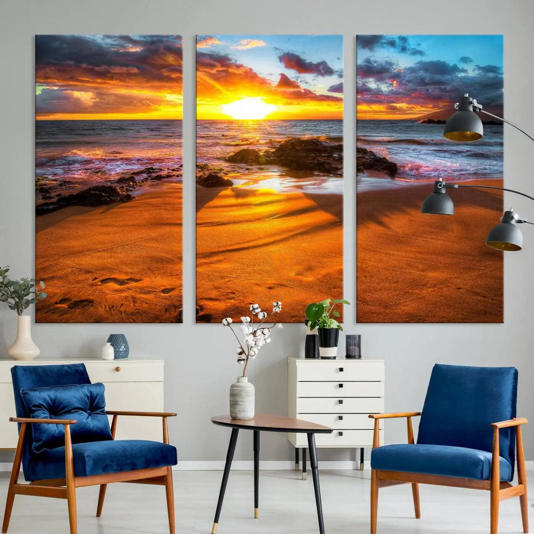 Golden beach sunset canvas art, panoramic seascape with giclee canvas print and Canon print quality, perfect for beach and coastal decor.