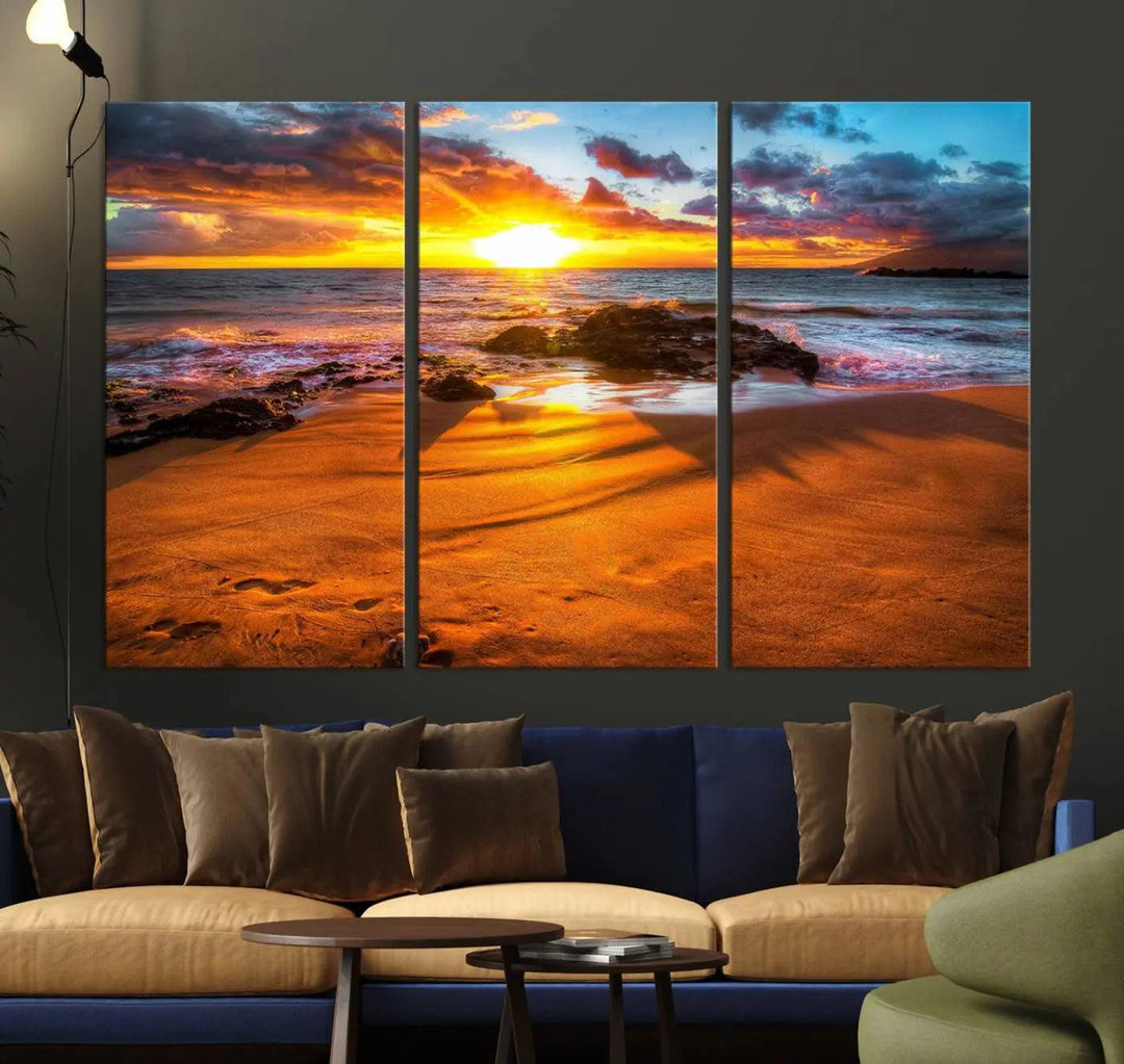 Golden beach sunset canvas art, panoramic seascape with giclee canvas print and Canon print quality, perfect for beach and coastal decor.