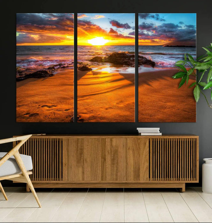 Golden beach sunset canvas art, panoramic seascape with giclee canvas print and Canon print quality, perfect for beach and coastal decor.