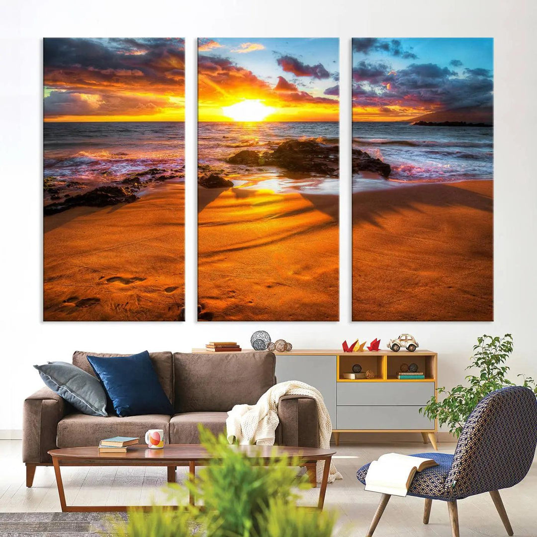 Golden beach sunset canvas art, panoramic seascape with giclee canvas print and Canon print quality, perfect for beach and coastal decor.