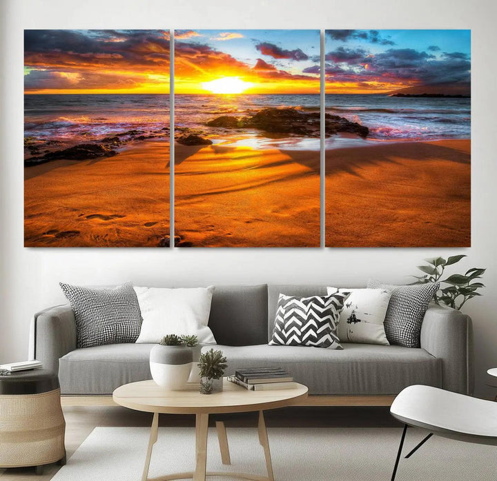 Golden beach sunset canvas art, panoramic seascape with giclee canvas print and Canon print quality, perfect for beach and coastal decor.