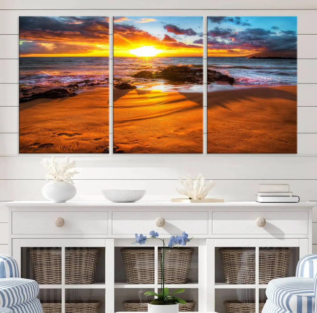 Golden beach sunset canvas art, panoramic seascape with giclee canvas print and Canon print quality, perfect for beach and coastal decor.