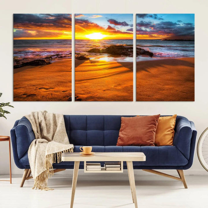 Golden beach sunset canvas art, panoramic seascape with giclee canvas print and Canon print quality, perfect for beach and coastal decor.