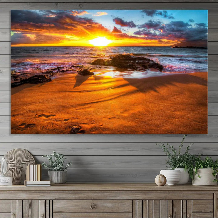 Golden beach sunset canvas art, panoramic seascape with giclee canvas print and Canon print quality, perfect for beach and coastal decor.