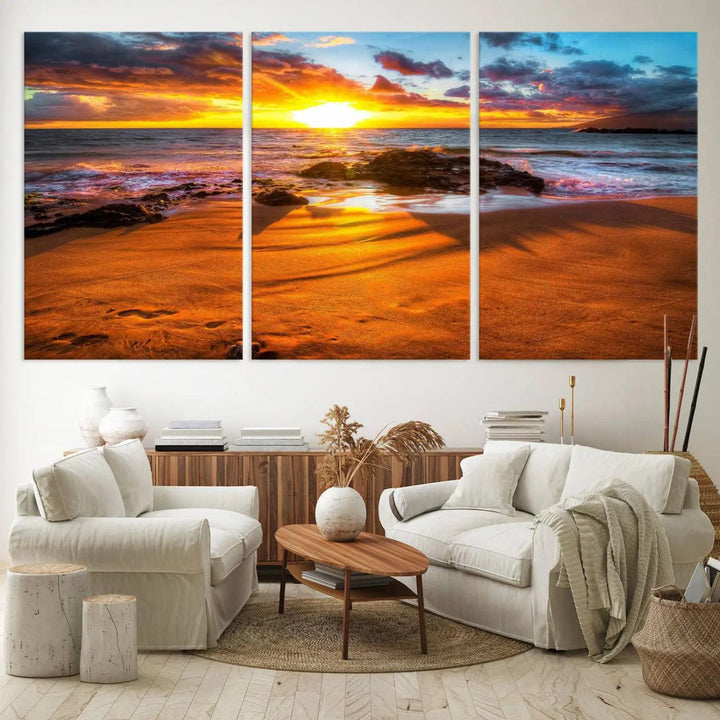 Golden beach sunset canvas art, panoramic seascape with giclee canvas print and Canon print quality, perfect for beach and coastal decor.