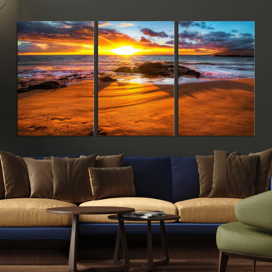 Golden beach sunset canvas art, panoramic seascape with giclee canvas print and Canon print quality, perfect for beach and coastal decor.