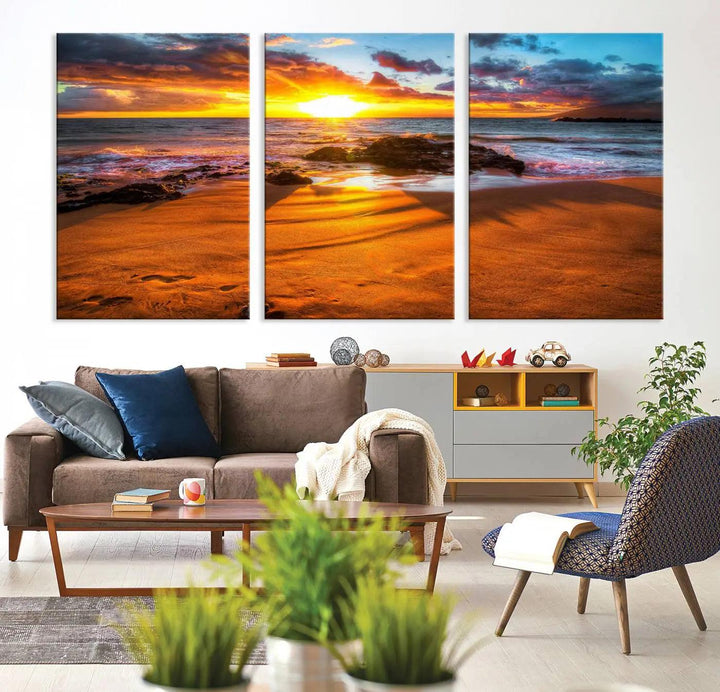 Golden beach sunset canvas art, panoramic seascape with giclee canvas print and Canon print quality, perfect for beach and coastal decor.