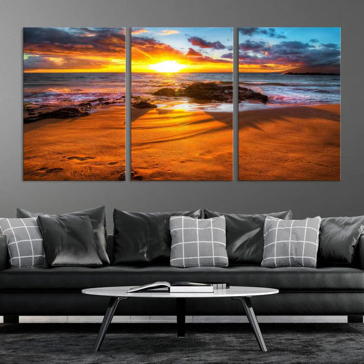 Golden beach sunset canvas art, panoramic seascape with giclee canvas print and Canon print quality, perfect for beach and coastal decor.