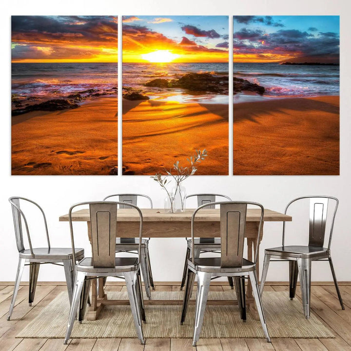 Golden beach sunset canvas art, panoramic seascape with giclee canvas print and Canon print quality, perfect for beach and coastal decor.