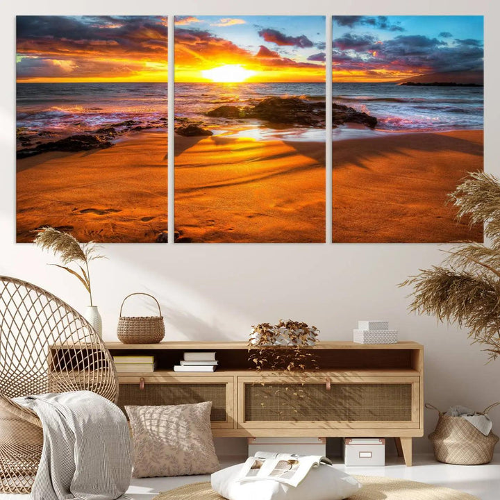 Golden beach sunset canvas art, panoramic seascape with giclee canvas print and Canon print quality, perfect for beach and coastal decor.