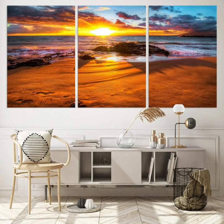 Golden beach sunset canvas art, panoramic seascape with giclee canvas print and Canon print quality, perfect for beach and coastal decor.