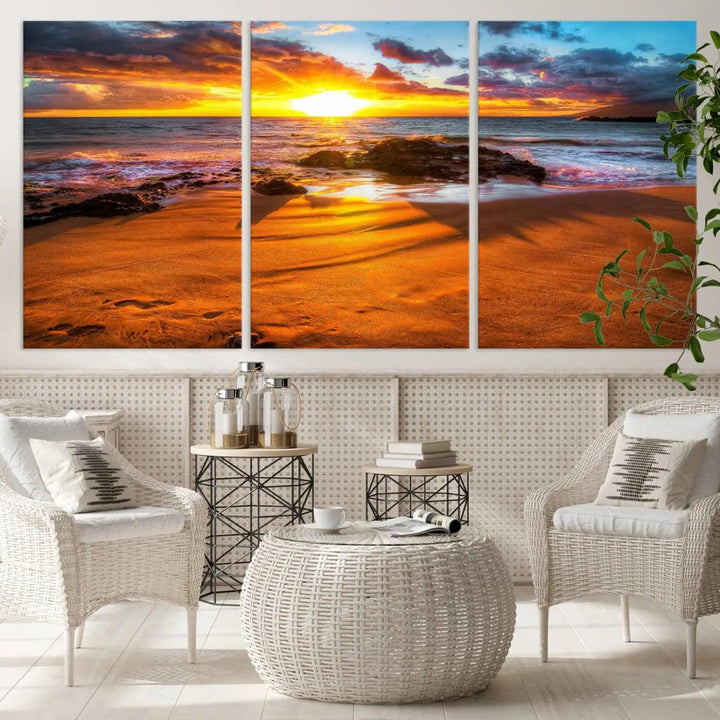 Golden beach sunset canvas art, panoramic seascape with giclee canvas print and Canon print quality, perfect for beach and coastal decor.