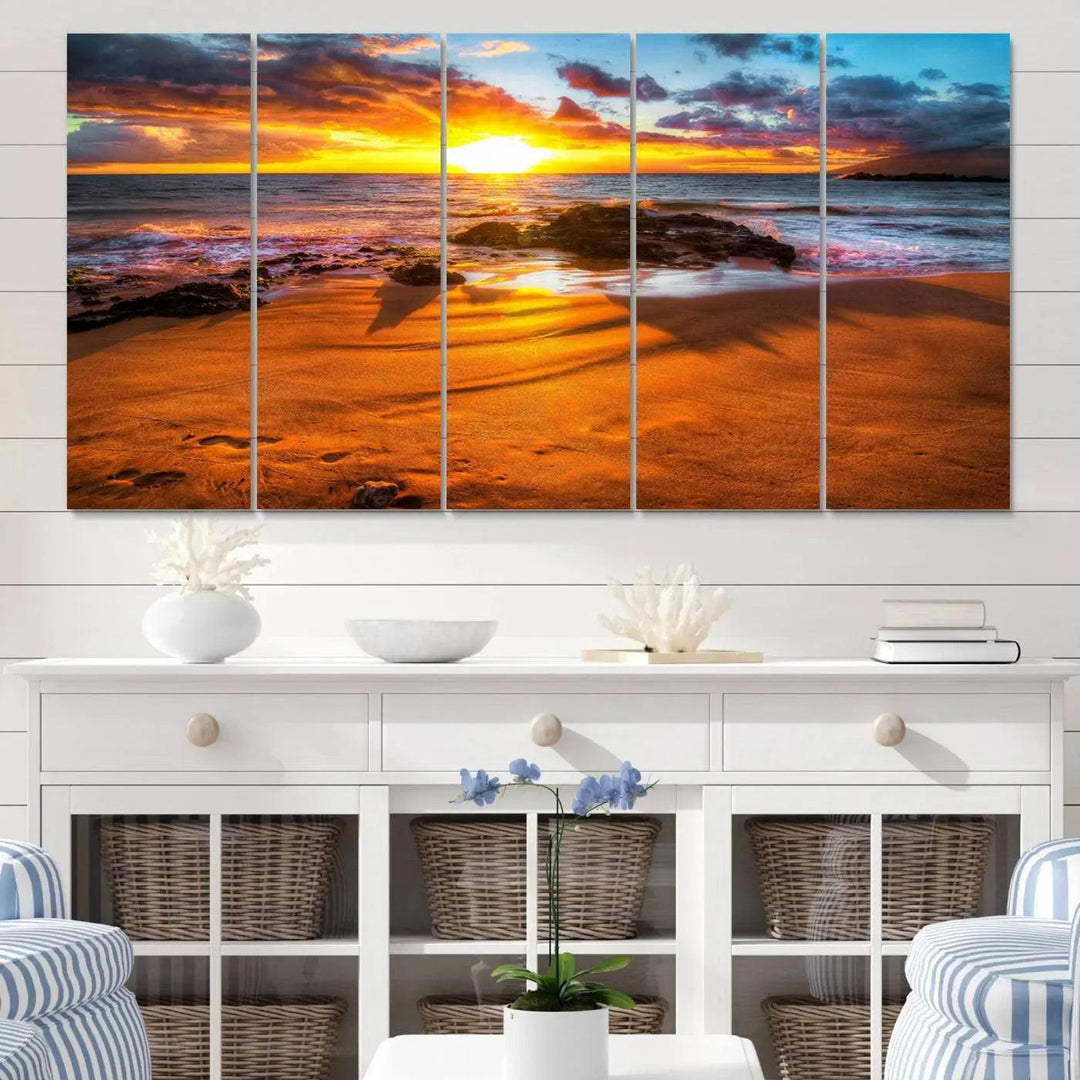 Golden beach sunset canvas art, panoramic seascape with giclee canvas print and Canon print quality, perfect for beach and coastal decor.