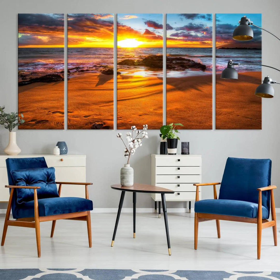 Golden beach sunset canvas art, panoramic seascape with giclee canvas print and Canon print quality, perfect for beach and coastal decor.