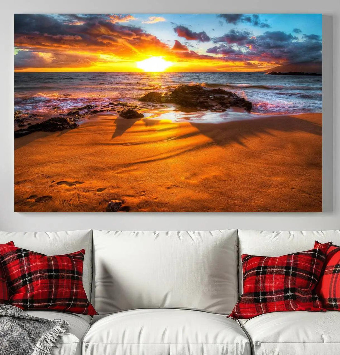 Golden beach sunset canvas art, panoramic seascape with giclee canvas print and Canon print quality, perfect for beach and coastal decor.