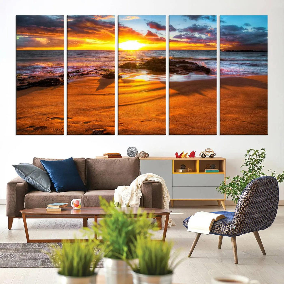 Golden beach sunset canvas art, panoramic seascape with giclee canvas print and Canon print quality, perfect for beach and coastal decor.