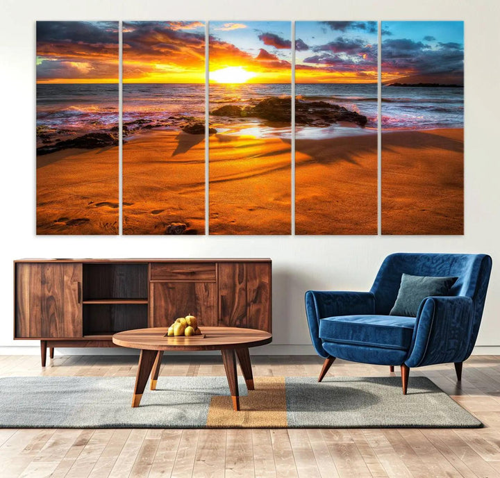 Golden beach sunset canvas art, panoramic seascape with giclee canvas print and Canon print quality, perfect for beach and coastal decor.