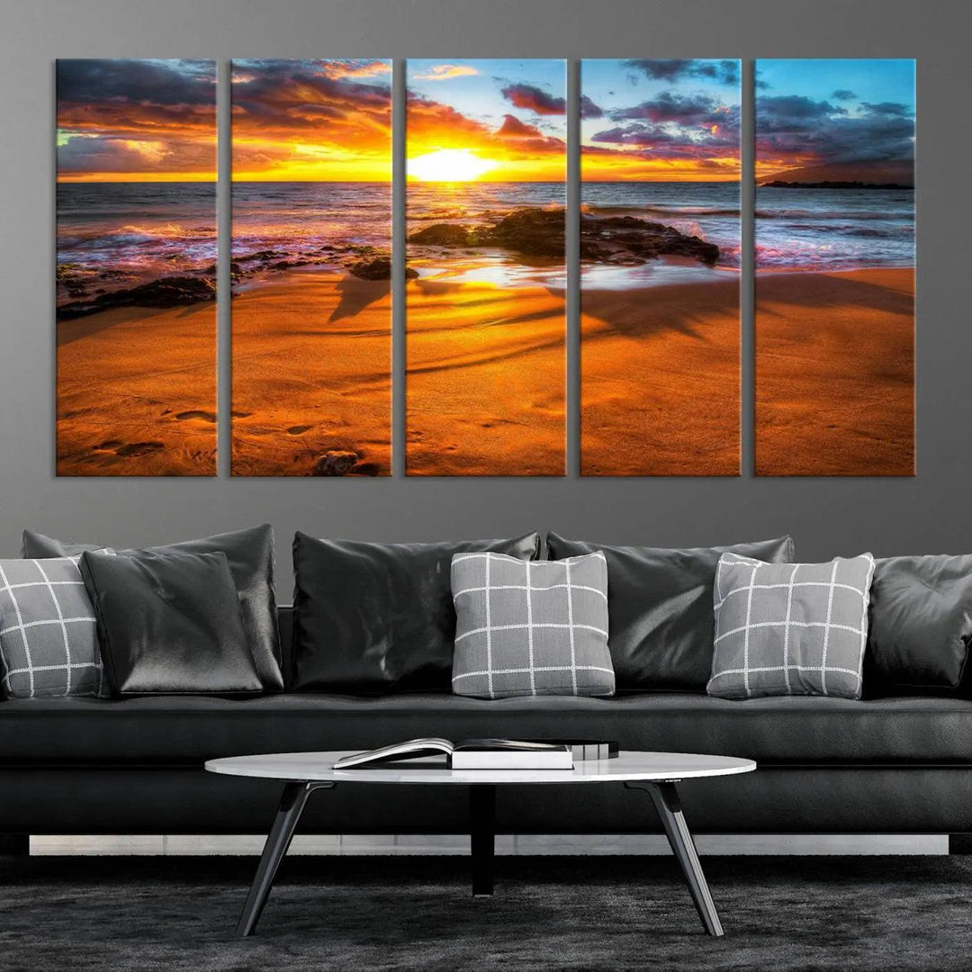 Golden beach sunset canvas art, panoramic seascape with giclee canvas print and Canon print quality, perfect for beach and coastal decor.