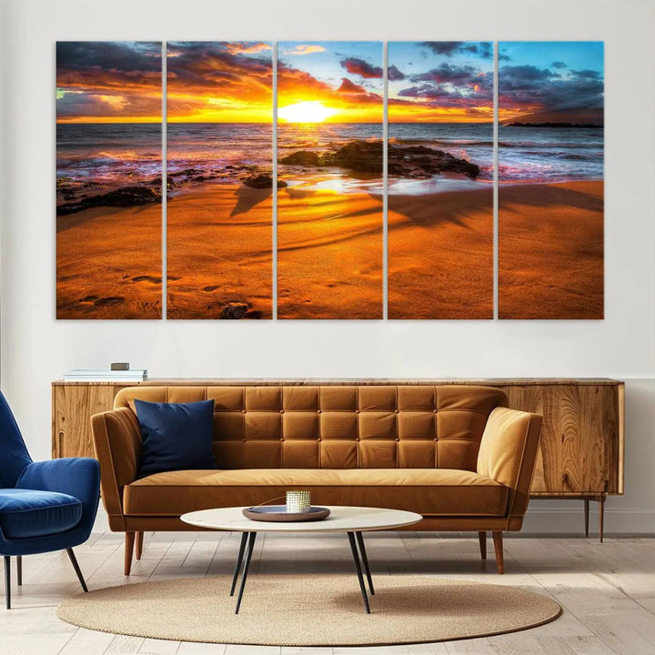 Golden beach sunset canvas art, panoramic seascape with giclee canvas print and Canon print quality, perfect for beach and coastal decor.