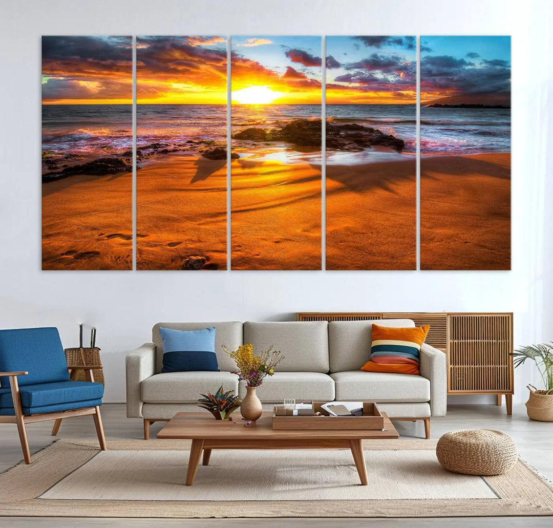 Golden beach sunset canvas art, panoramic seascape with giclee canvas print and Canon print quality, perfect for beach and coastal decor.