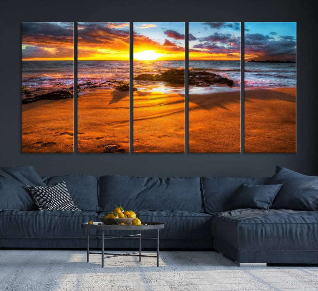 Golden beach sunset canvas art, panoramic seascape with giclee canvas print and Canon print quality, perfect for beach and coastal decor.