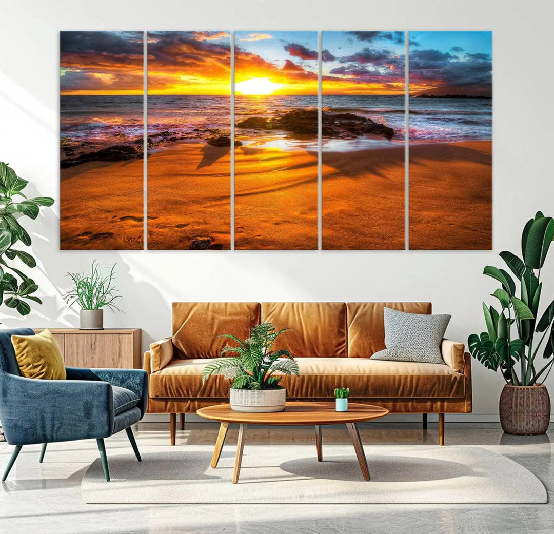 Golden beach sunset canvas art, panoramic seascape with giclee canvas print and Canon print quality, perfect for beach and coastal decor.