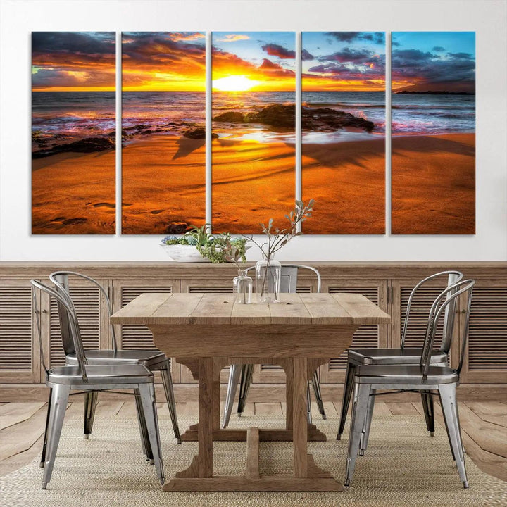 Golden beach sunset canvas art, panoramic seascape with giclee canvas print and Canon print quality, perfect for beach and coastal decor.