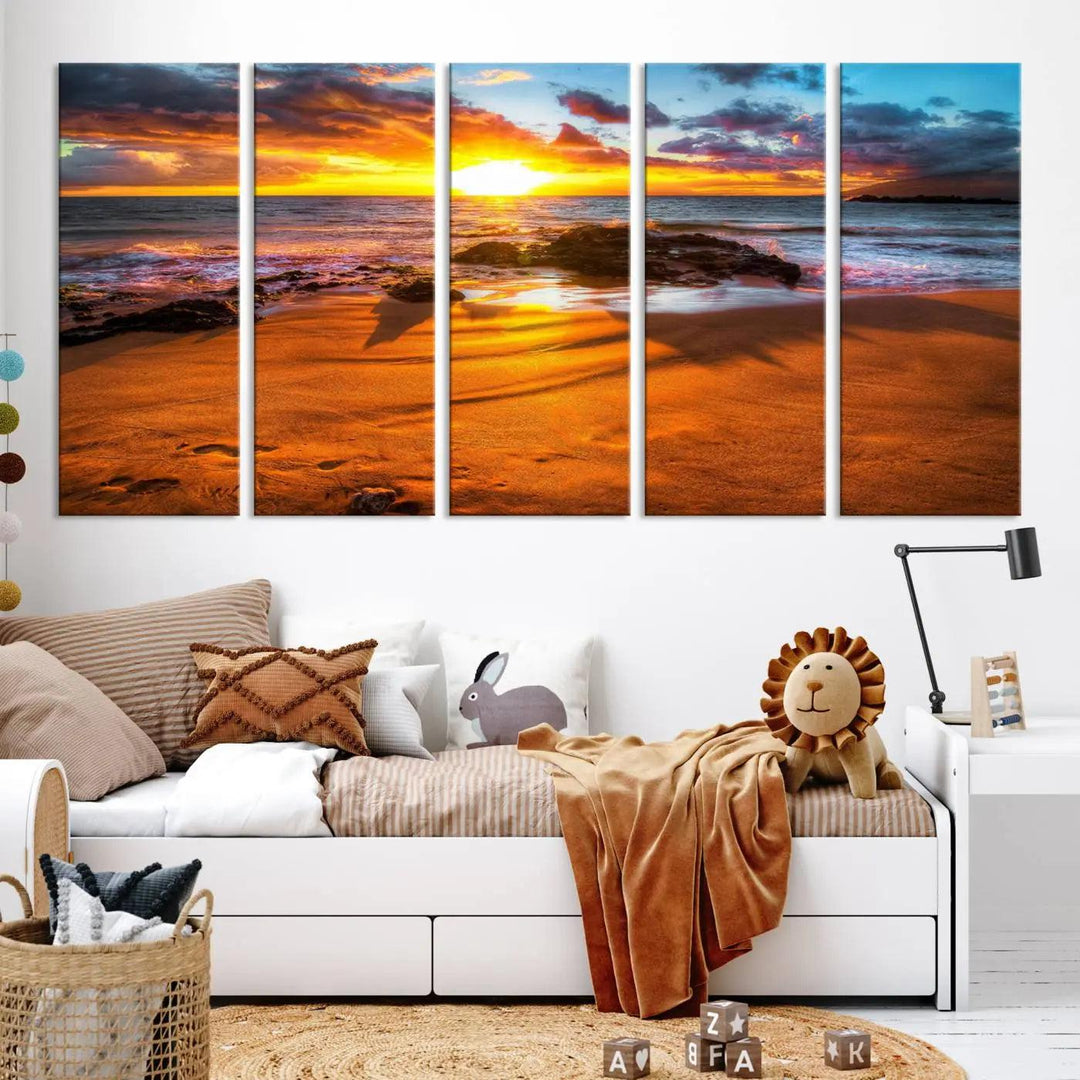 Golden beach sunset canvas art, panoramic seascape with giclee canvas print and Canon print quality, perfect for beach and coastal decor.