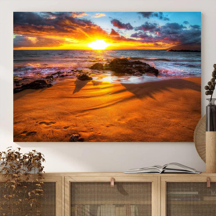 Golden beach sunset canvas art, panoramic seascape with giclee canvas print and Canon print quality, perfect for beach and coastal decor.