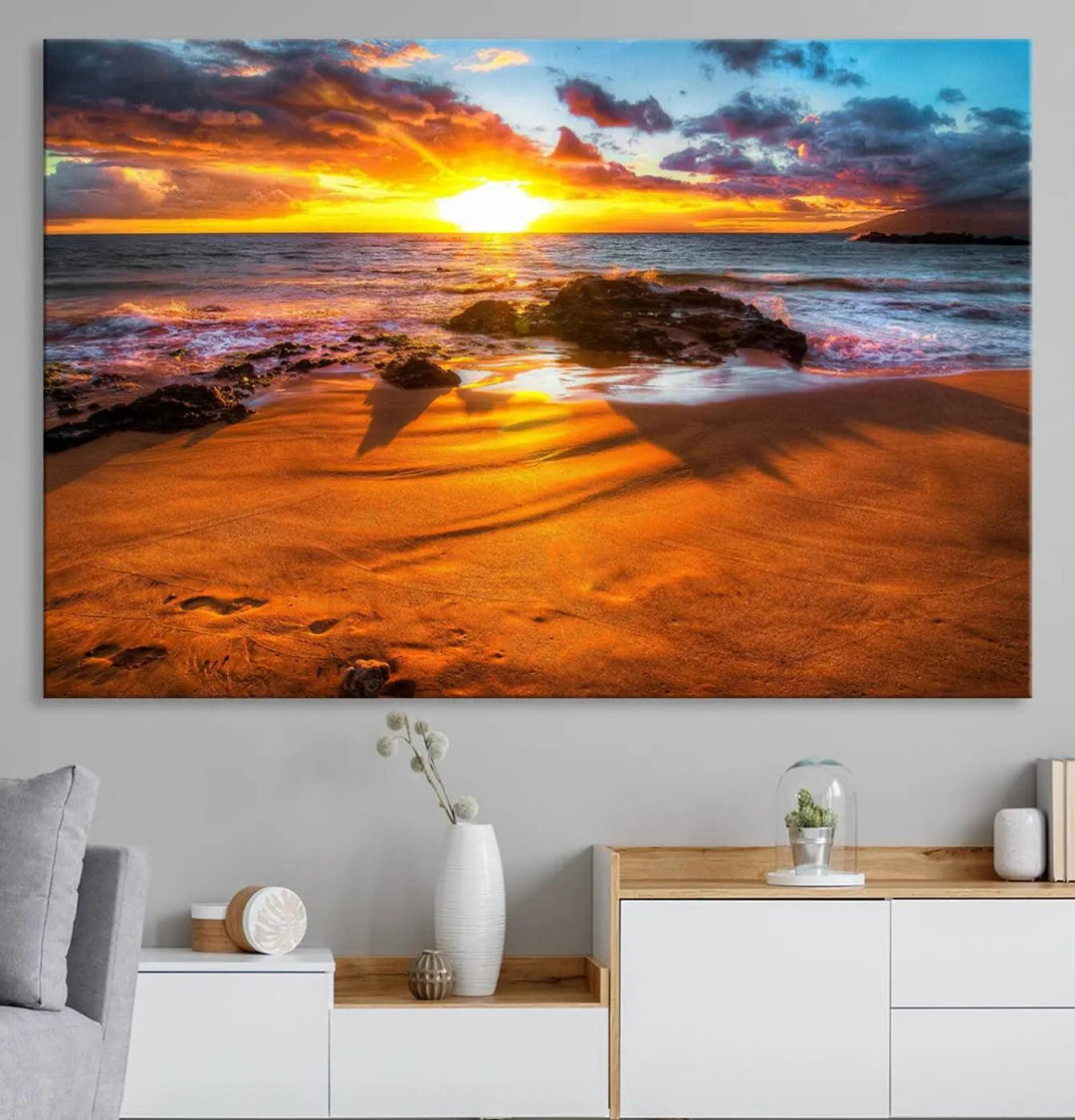 Golden beach sunset canvas art, panoramic seascape with giclee canvas print and Canon print quality, perfect for beach and coastal decor.