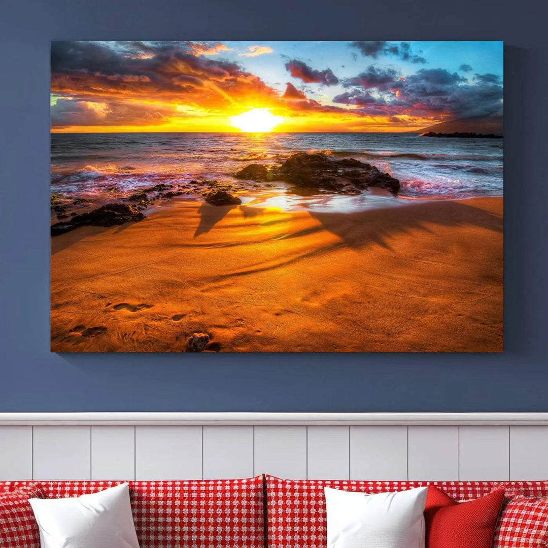 Golden beach sunset canvas art, panoramic seascape with giclee canvas print and Canon print quality, perfect for beach and coastal decor.