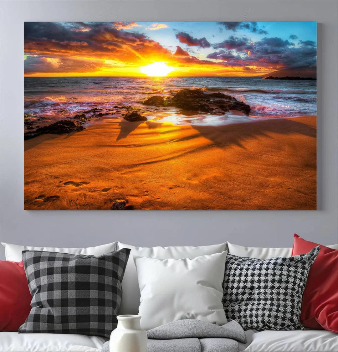 Golden beach sunset canvas art, panoramic seascape with giclee canvas print and Canon print quality, perfect for beach and coastal decor.