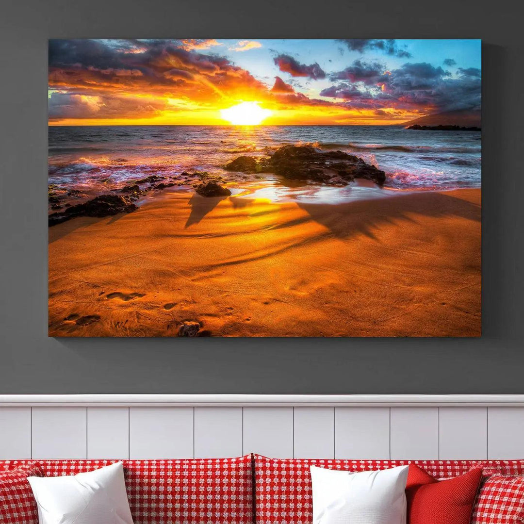 Golden beach sunset canvas art, panoramic seascape with giclee canvas print and Canon print quality, perfect for beach and coastal decor.