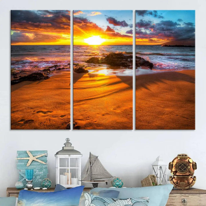 Golden beach sunset canvas art, panoramic seascape with giclee canvas print and Canon print quality, perfect for beach and coastal decor.