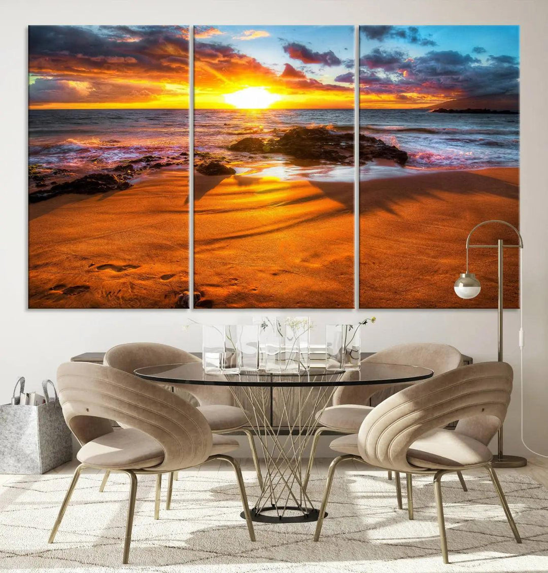 The vibrant panoramic view captured in the Golden Beach Sunset Canvas Art offers a serene scene of nature's tranquil beauty over the rocky shoreline. This Giclee canvas print, featuring a gallery wrap, beautifully depicts a breathtaking seascape for your space.