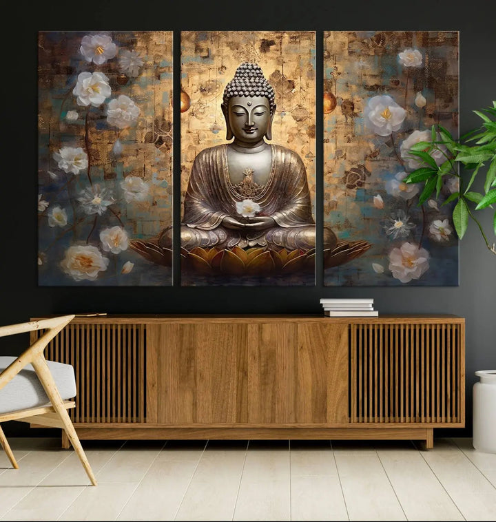 A set of Golden Buddha Wall Art Canvas Prints enhances a modern living room with floral accents, adding to the meditation decor through its serene charm. This tranquil spiritual home art creates an ideal environment for relaxation and contemplation.