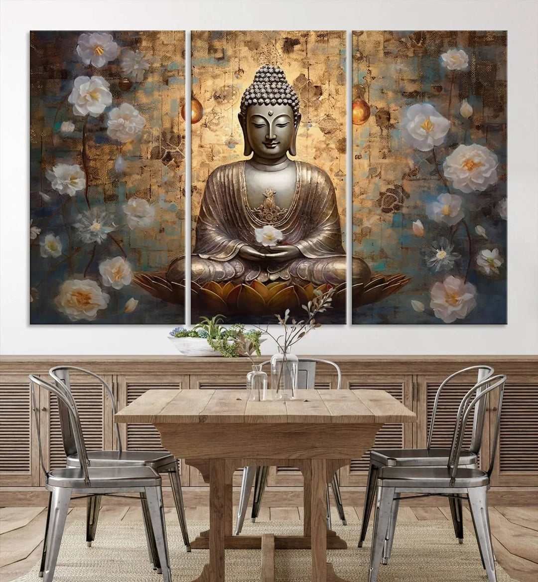 A set of Golden Buddha Wall Art Canvas Prints enhances a modern living room with floral accents, adding to the meditation decor through its serene charm. This tranquil spiritual home art creates an ideal environment for relaxation and contemplation.