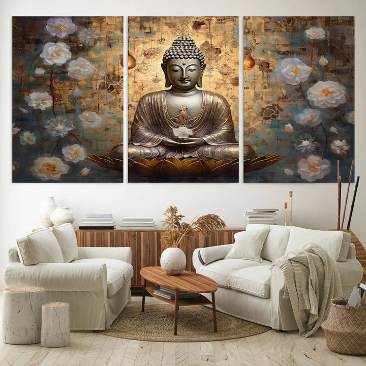 A set of Golden Buddha Wall Art Canvas Prints enhances a modern living room with floral accents, adding to the meditation decor through its serene charm. This tranquil spiritual home art creates an ideal environment for relaxation and contemplation.