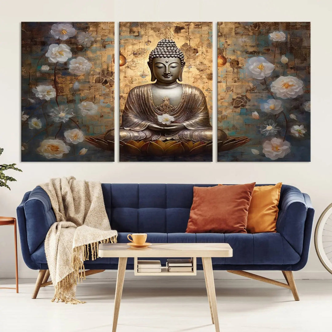 A set of Golden Buddha Wall Art Canvas Prints enhances a modern living room with floral accents, adding to the meditation decor through its serene charm. This tranquil spiritual home art creates an ideal environment for relaxation and contemplation.