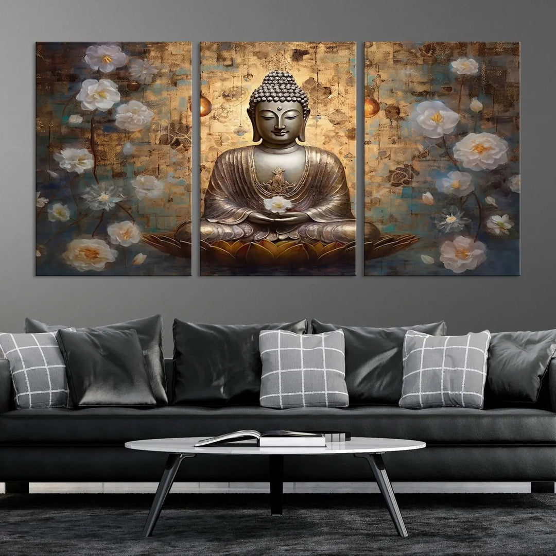 A set of Golden Buddha Wall Art Canvas Prints enhances a modern living room with floral accents, adding to the meditation decor through its serene charm. This tranquil spiritual home art creates an ideal environment for relaxation and contemplation.