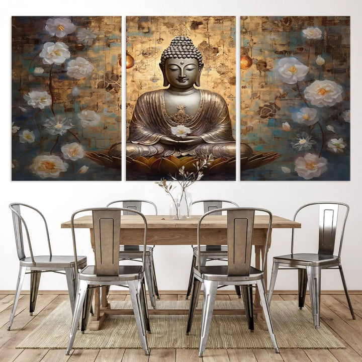 A set of Golden Buddha Wall Art Canvas Prints enhances a modern living room with floral accents, adding to the meditation decor through its serene charm. This tranquil spiritual home art creates an ideal environment for relaxation and contemplation.