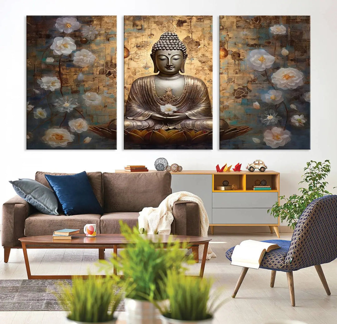 A set of Golden Buddha Wall Art Canvas Prints enhances a modern living room with floral accents, adding to the meditation decor through its serene charm. This tranquil spiritual home art creates an ideal environment for relaxation and contemplation.