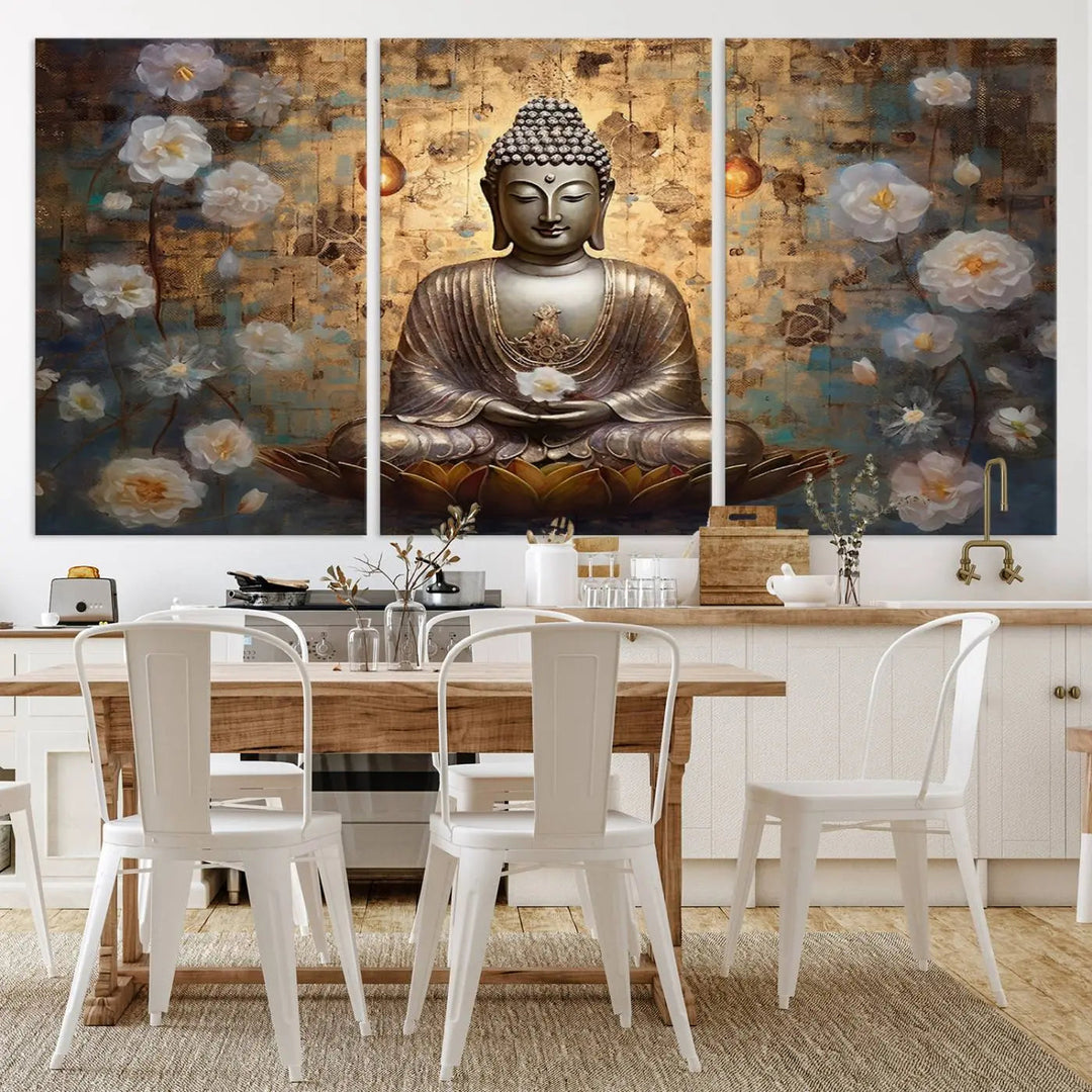 A set of Golden Buddha Wall Art Canvas Prints enhances a modern living room with floral accents, adding to the meditation decor through its serene charm. This tranquil spiritual home art creates an ideal environment for relaxation and contemplation.