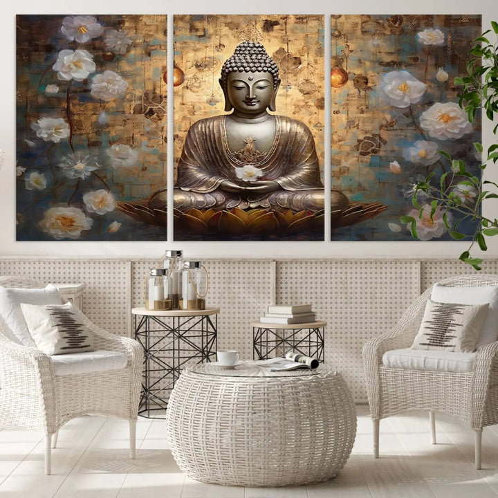 A set of Golden Buddha Wall Art Canvas Prints enhances a modern living room with floral accents, adding to the meditation decor through its serene charm. This tranquil spiritual home art creates an ideal environment for relaxation and contemplation.